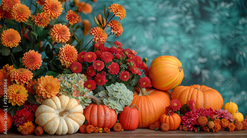 Poster happy thanksgiving card, a variety of colorful flowers and pumpkins are arranged on a rustic table, 