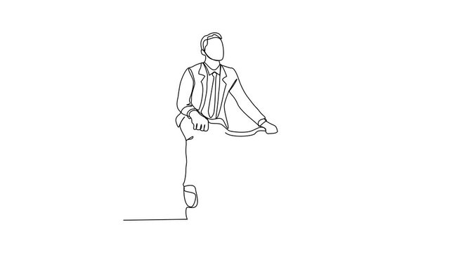 Animated self drawing a man uses a bicycle to go to work in continuous line art drawing style. design with Minimalist black linear design isolated on white background. Sport themes Video illustration