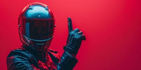 A motorcyclist in full gear gives a thumbs-up against a deep red backdrop - obrazy, fototapety, plakaty