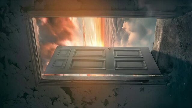 Vertical video of an open door in the sky with clouds. Open door to an opportunity. Heaven, heavenly door, knocking on the doors of heaven. Life after death, resurrection.