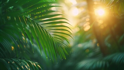 This image beautifully illustrates a single palm leaf basked in the golden-hour light, highlighting its intricate details and rich colors