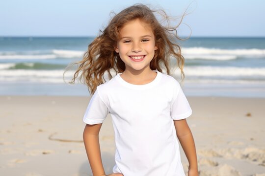 White blank t shirt mock up. Girl on the beach