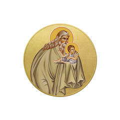 Orthodox traditional image of Simeon the God receiver. Golden christian medallion in Byzantine style on white background