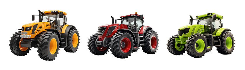 Collection of set 3D tractor isolated on transparent background. PNG file, cut out	
