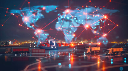 Network of digital connections overlaying a night cityscape, symbolizing smart city logistics and data-driven transportation solutions