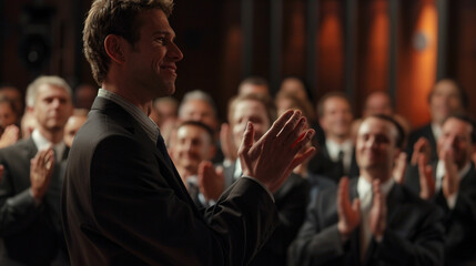 A Businessman receiving applause from his team - obrazy, fototapety, plakaty