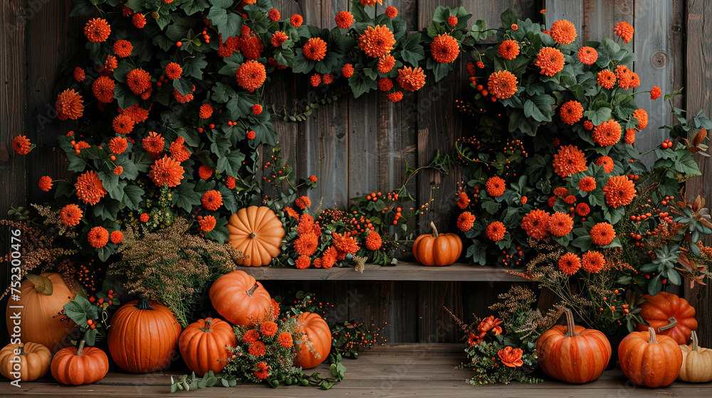 Poster a wooden shelf brimming with a colorful assortment of pumpkins in varying shapes and sizes