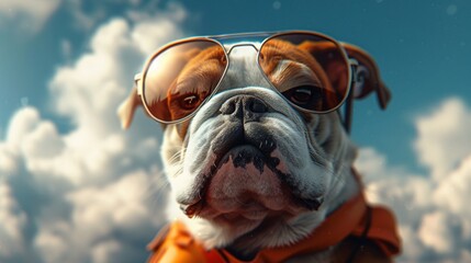 A stunning close-up of a Bulldog with an attitude wearing cool sunglasses against a blue sky