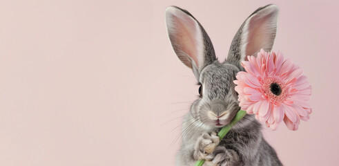 A charming grey bunny holding a pink gerbera, against a soft pink background, highlighting purity and tenderness - obrazy, fototapety, plakaty