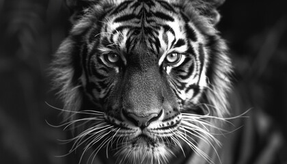 Close-up of the head of an aggressive tiger monochrome, ai technology