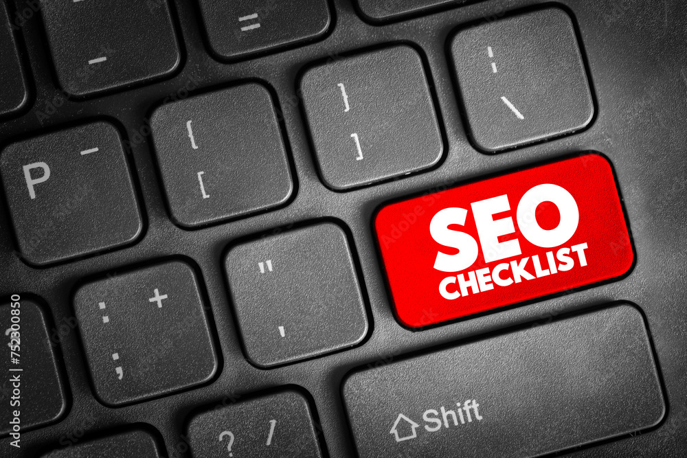 Aufkleber seo checklist text button on keyboard, concept background