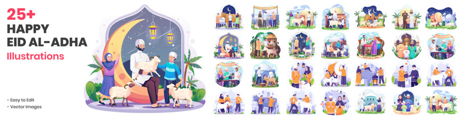 Mega Collection of Happy Eid Al Adha Illustrations. Muslims Prepare Livestock to Be Sacrificed. People Celebrate Eid Al Adha
