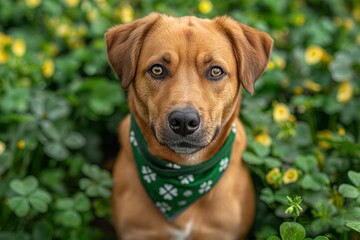 Charming brown dog wearing a green bandana sits surrounded by blooming yellow flowers