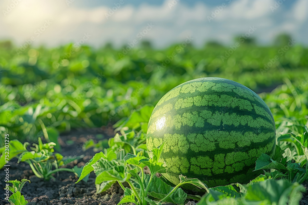 Wall mural A large watermelon stands alone in the midst of a vast field, surrounded by the beauty of natures greenery under the bright sun