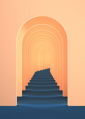 3d surreal render. Abstract arch tunnel peach pastel contrast color background. Peach Fuzz color of the year 2024 concept rendering. Surrealistic interior 3d illustration.