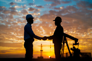 Fototapeta na wymiar Silhouette of oil workers shaking hands in the field at sunset