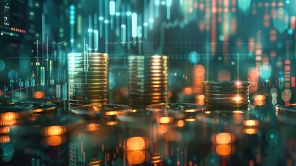 Financial investment - Double exposure of graph and rows of coins for finance and business concept, Forex trading market candlestick chart, Cryptocurrency Digital economy. investing growing, economy.