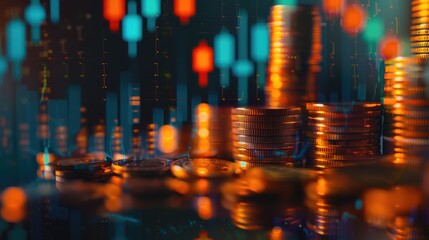 Fototapeta na wymiar Financial investment - Double exposure of graph and rows of coins for finance and business concept, Forex trading market candlestick chart, Cryptocurrency Digital economy. investing growing, economy.