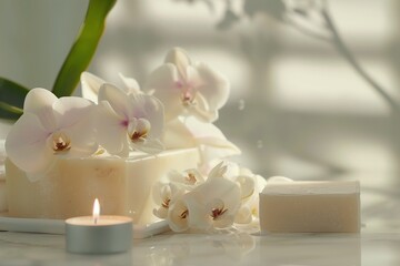 Obraz na płótnie Canvas A high-definition image showcasing the perfect synergy of orchid blossoms, carefully placed soap bars, and a luminous candle.
