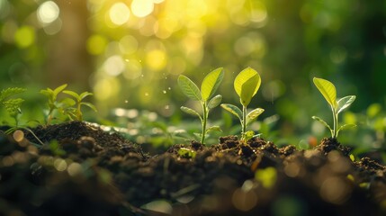 Growing money in the soil with green leaves and trees concept, business and agriculture success finance. With room for text on card. Agriculture plant sowing growing step concept in the garden.