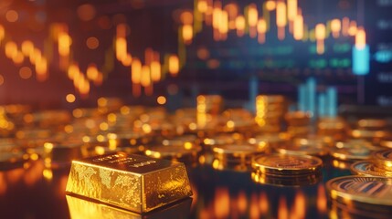 Investment growth concept with price of gold on gold market graph background: Candle stick graph chart of gold market investment trading.