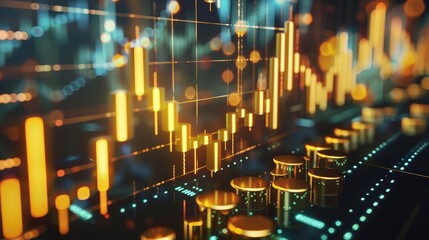 Investment growth concept with price of gold on gold market graph background: Candle stick graph chart of gold market investment trading. - obrazy, fototapety, plakaty