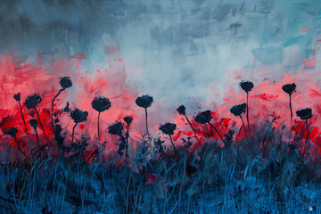 Flowers acrylic painting on canvas in dark tone. Generative AI. - obrazy, fototapety, plakaty