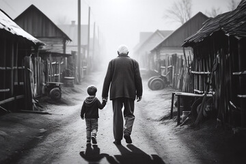 Old man and young boy walking on the path, concept of life and death, black and white, generative ai