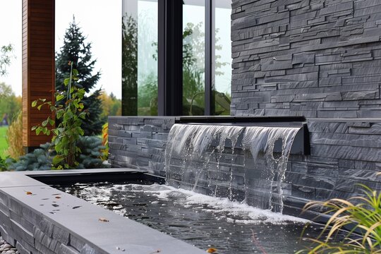 A mesmerizing image capturing the essence of an avant-garde water feature, its cascading streams gracefully blending with the outdoor landscape.