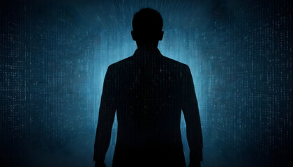 Futuristic banner, silhouette of a man in a blue color background with a backdrop of digital binary cording and backlit effect, bright light to highlight the shape of person   - obrazy, fototapety, plakaty