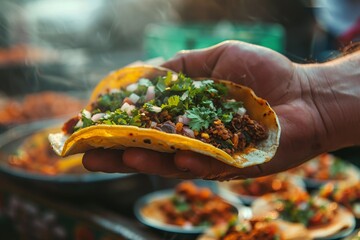 Hand giving a tacos , Market Background at outdoor mexican restaurant market for advertising Fast Food menu