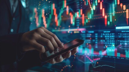 Smart businessman typing financial data on mobile phone with futuristic stock chart graphic, Business investor stock exchange market and crypto currency digital technology ideas background