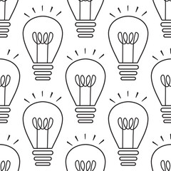 Lamp light bulbs seamless pattern, monochrome design. Light bulbs icon. Concept for inspiration of big ideas, innovation. Isolated on white background. Black idea symbol