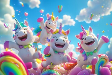 A magical snapshot of cartoon unicorn friends in a state of pure bliss, surrounded by vibrant colors and positive energy.