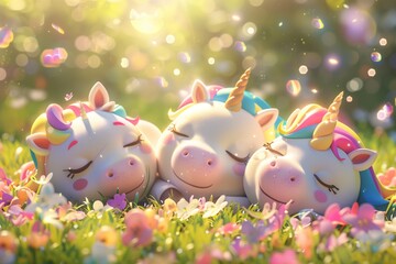 A heartwarming scene capturing cartoon unicorn characters gathered in a sunlit meadow sharing laughter and joy as they engage in playful activities radiating the pure essence of children's friendship.
