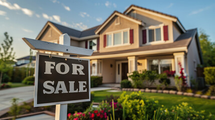 Home for sale with a sign with written for sale in front of a house