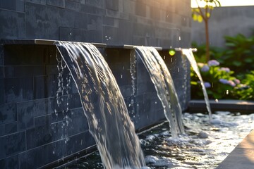 A high-definition snapshot of a sophisticated outdoor water feature, where a minimalist design meets nature.