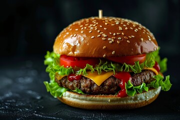 Close-up of a hamburger on black background