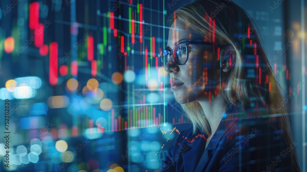 Poster young woman working at modern office.technical price graph and indicator, red and green candlestick 