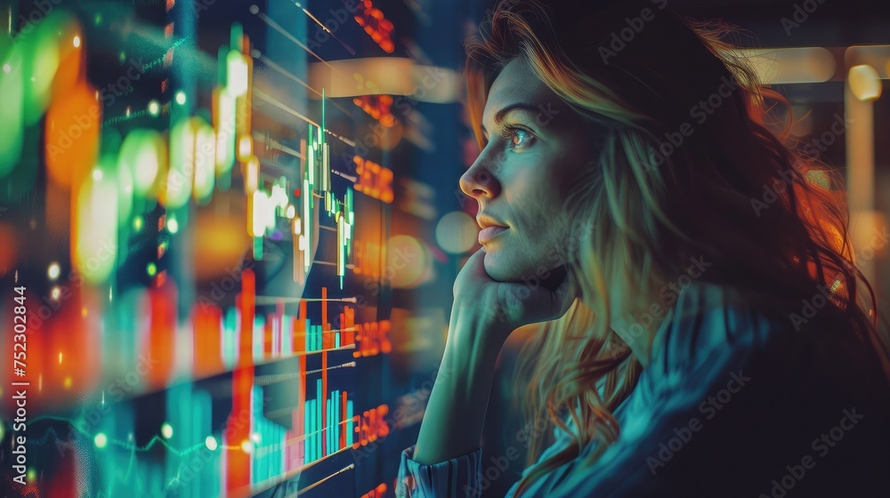 Poster young woman working at modern office.technical price graph and indicator, red and green candlestick 