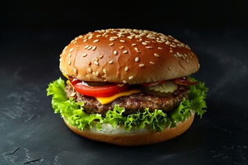 Close-up of a hamburger on black background