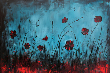 Flowers acrylic painting on canvas in dark tone. Generative AI. - 752302839
