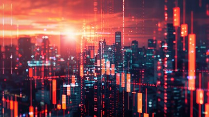 Fototapeta premium Abstract glowing big data forex candlestick chart on blurry city backdrop. Trade, technology, investment and analysis concept. Double exposure