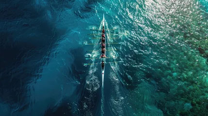 Foto op Canvas Aerial drone top ultra wide panoramic view of sport canoe rowing synchronous team of athletes competing in deep blue sea © buraratn