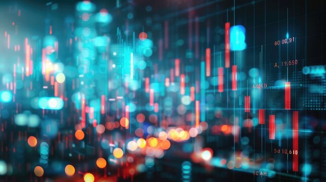 Abstract glowing big data forex candlestick chart on blurry city backdrop. Trade, technology, investment and analysis concept. Double exposure