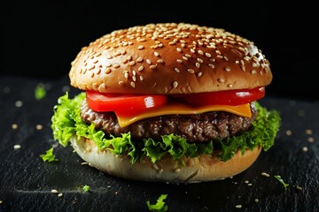 Close-up of a hamburger on black background