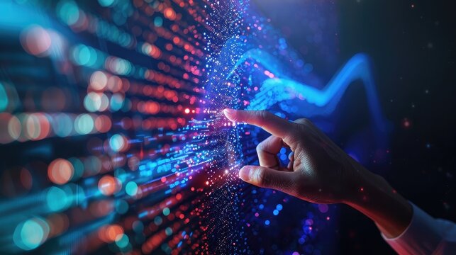 Big data technology and data science with person touching data flowing on virtual screen. Business analytics, artificial intelligence, machine learning. Engineer or scientist analyzing stream of data. - Powered by Adobe