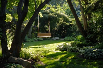 A cozy swing crafted from beautiful wood, swaying gently in a serene backyard adorned with greenery, as the morning light filters through the leaves.