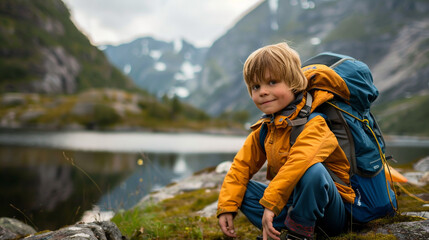 Naklejka premium Children in camp. Little explorer. 