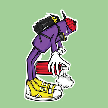 Create a cartoon vector mascot of a doll looking down with an oil spray